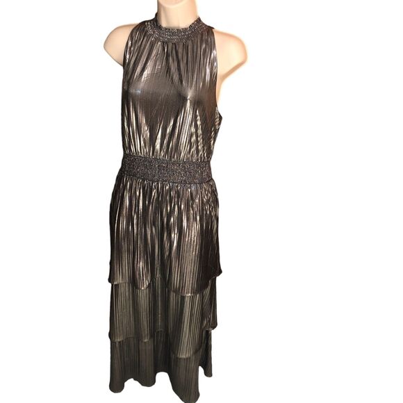 NWT Addison Evening Silver Metallic Dress Size 14 High Neck Glamour Maxi Formal - Picture 4 of 15